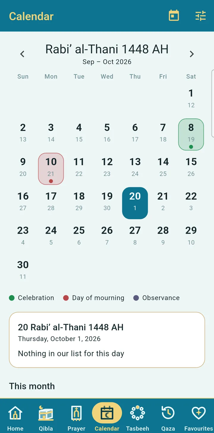 Hijri calendar with occasions marked