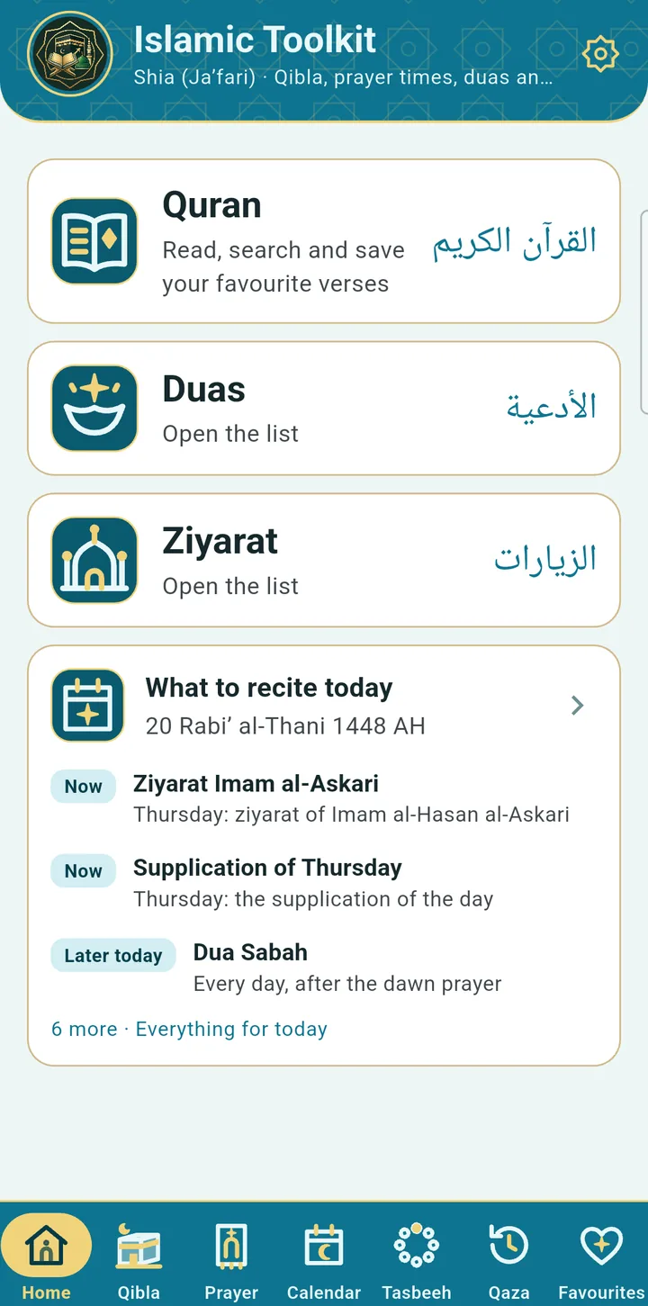 Islamic Toolkit home screen with the Quran, Duas and Ziyarat cards and today's recommended recitations