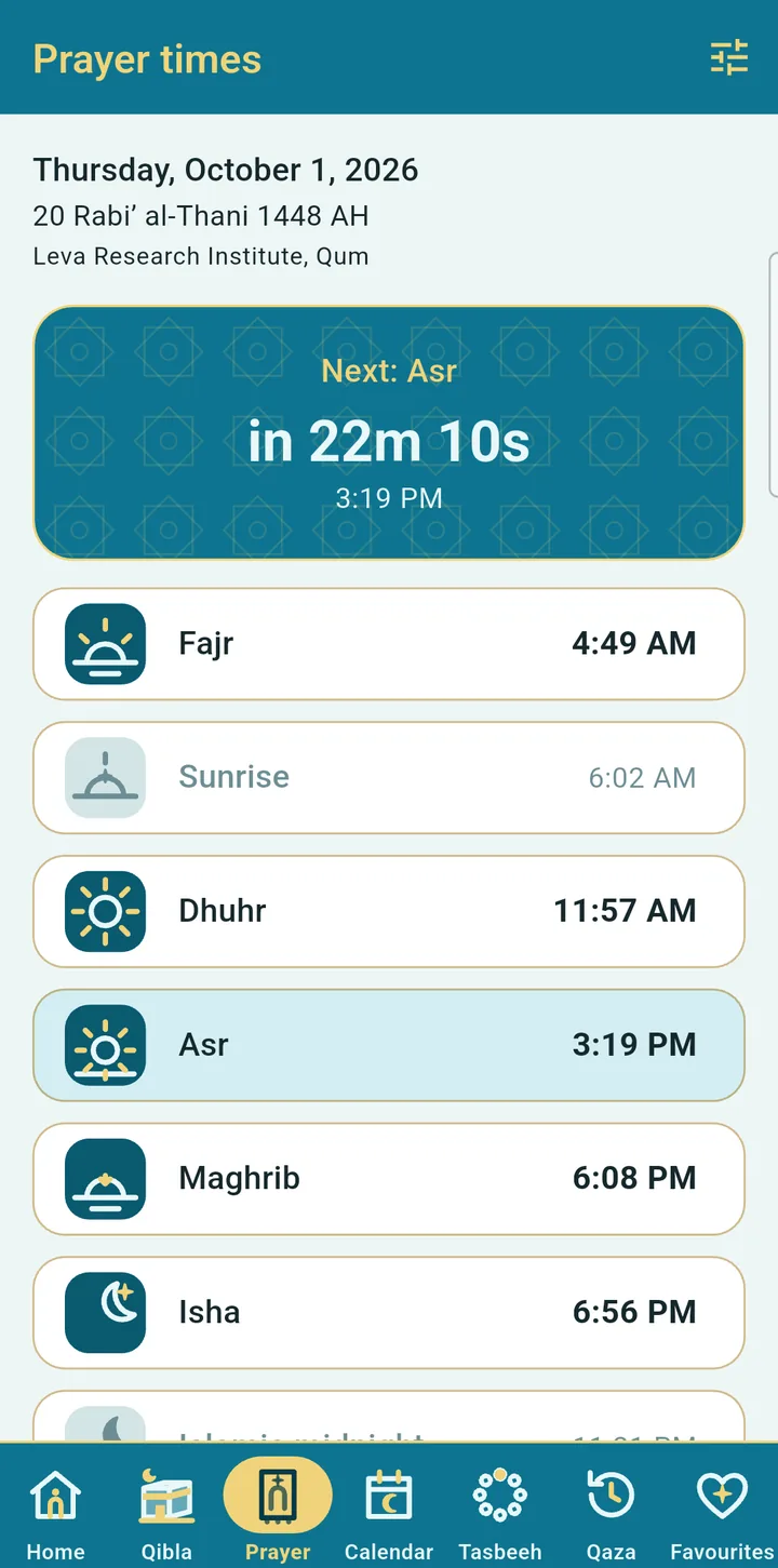 Prayer times with the Ja'fari method and a countdown to the next prayer