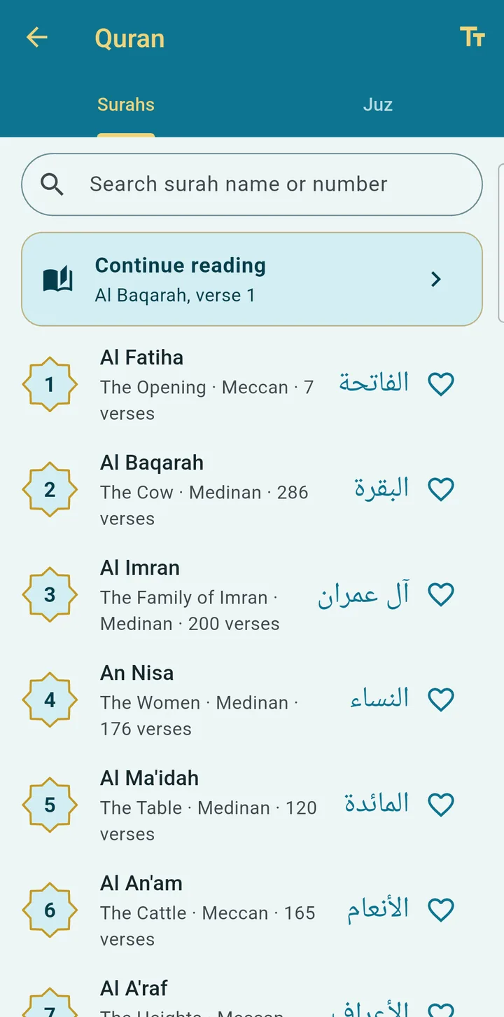 List of surahs with search and continue reading