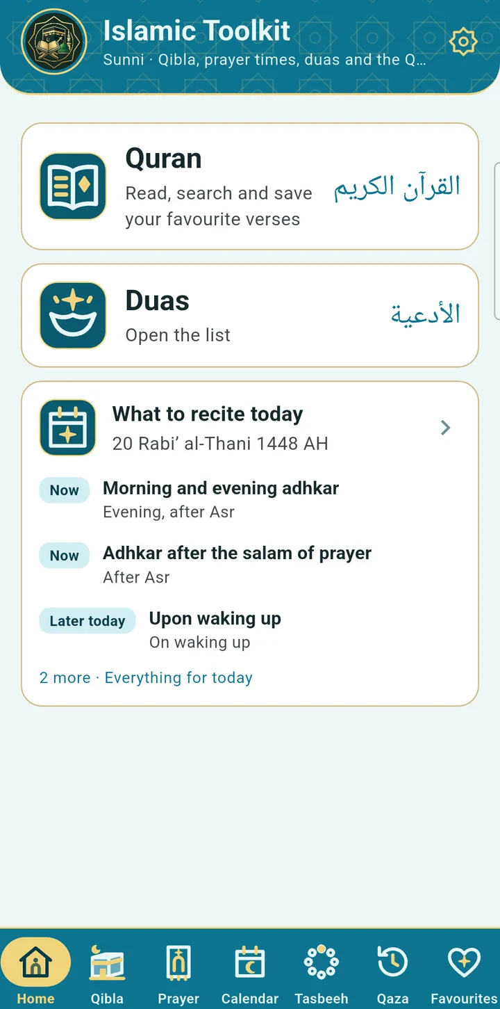 Home screen for Sunni, with the Quran and Duas cards and what to recite today