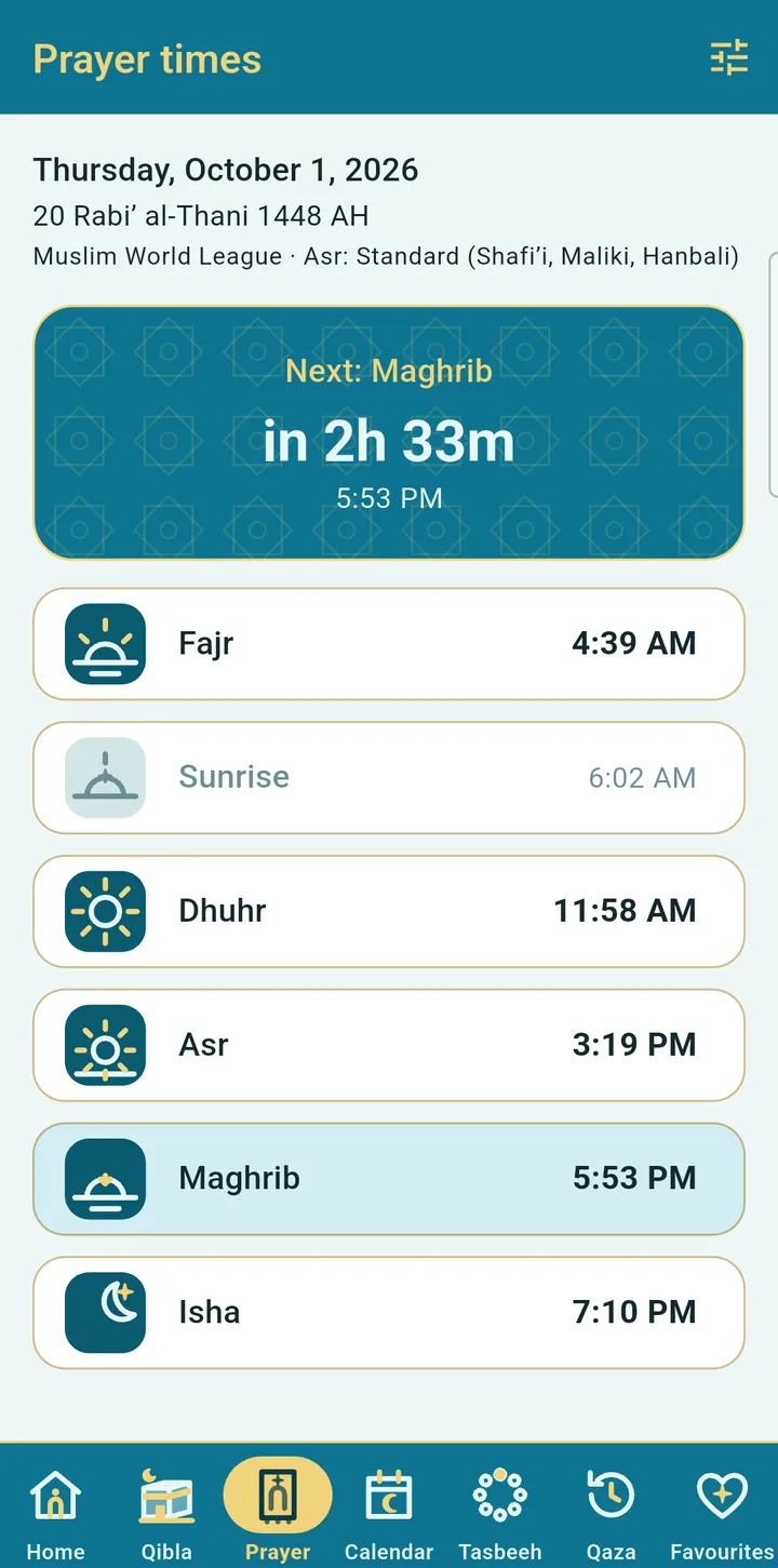 Prayer times with the Muslim World League method and Standard Asr