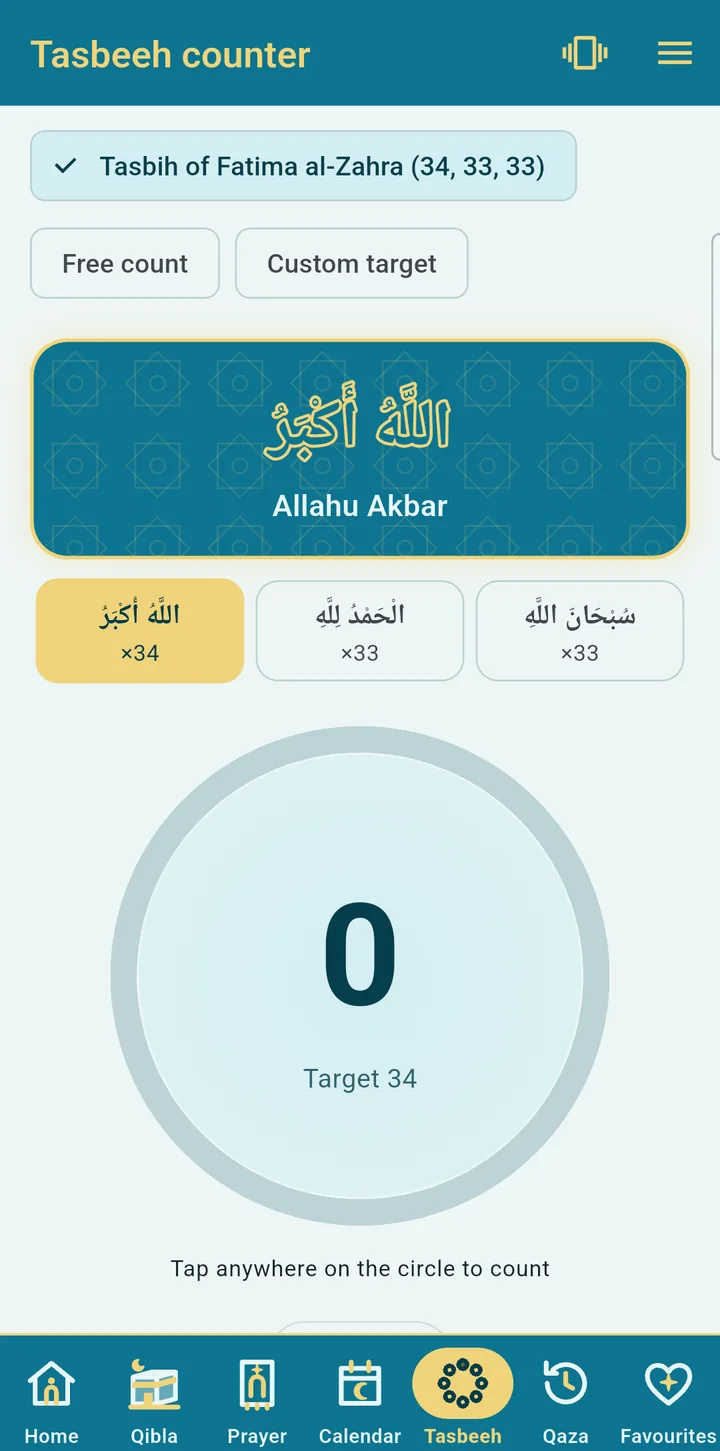 Tasbeeh counter showing the Tasbih of Fatima al-Zahra