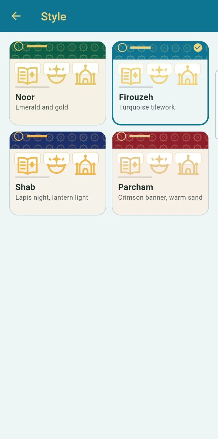 Four colour styles: Noor, Firouzeh, Shab and Parcham