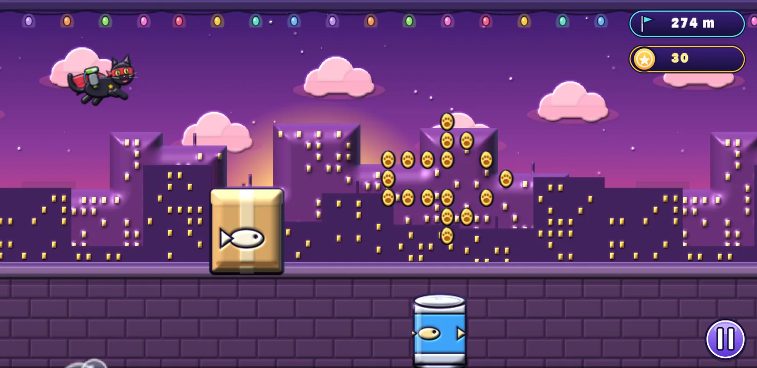 Jetpack Kitty gameplay with the golden bike collecting paw coins