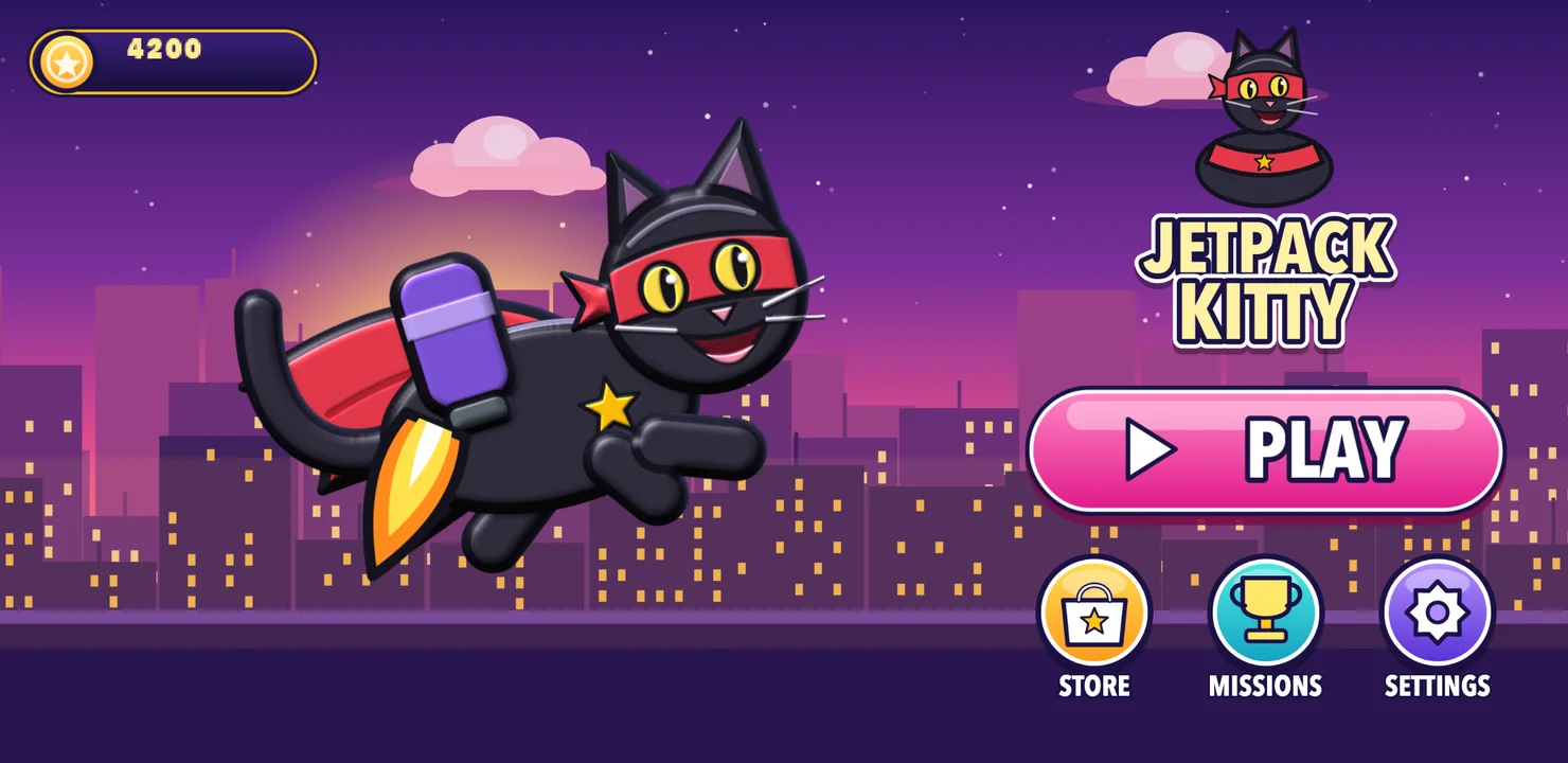 Jetpack Kitty main menu with the caped cat hero