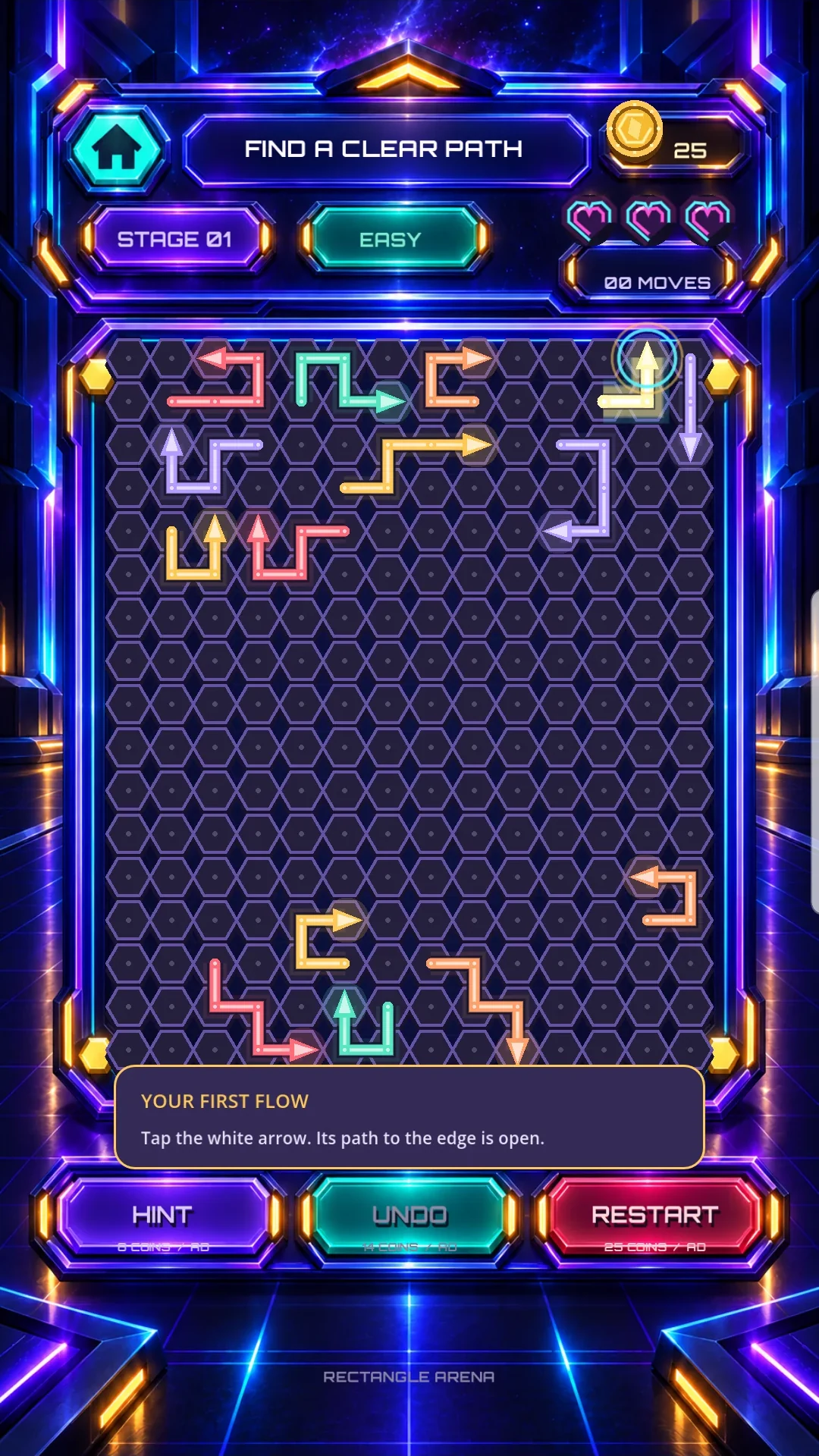 Neon Pathshift moon-shaped puzzle arena with glowing arrows