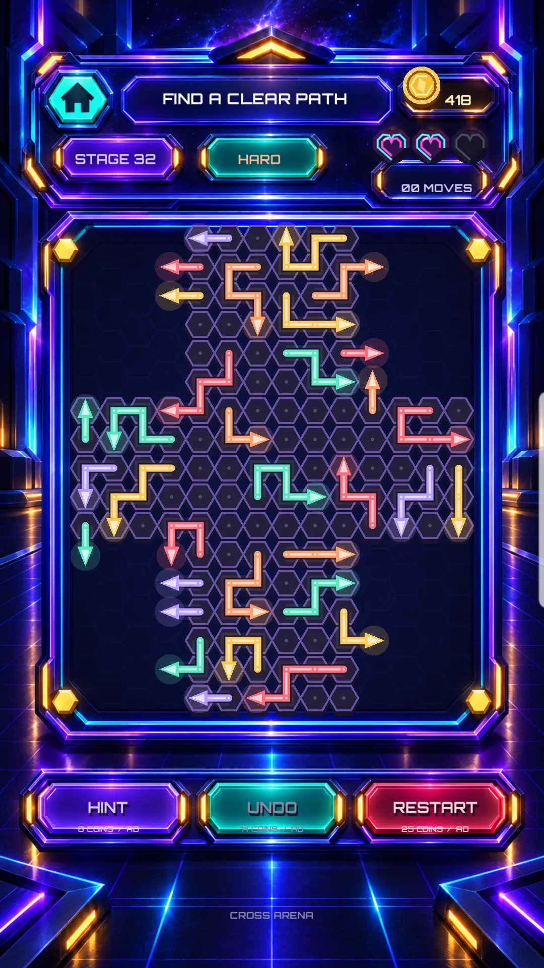 A dense hard difficulty Neon Pathshift puzzle