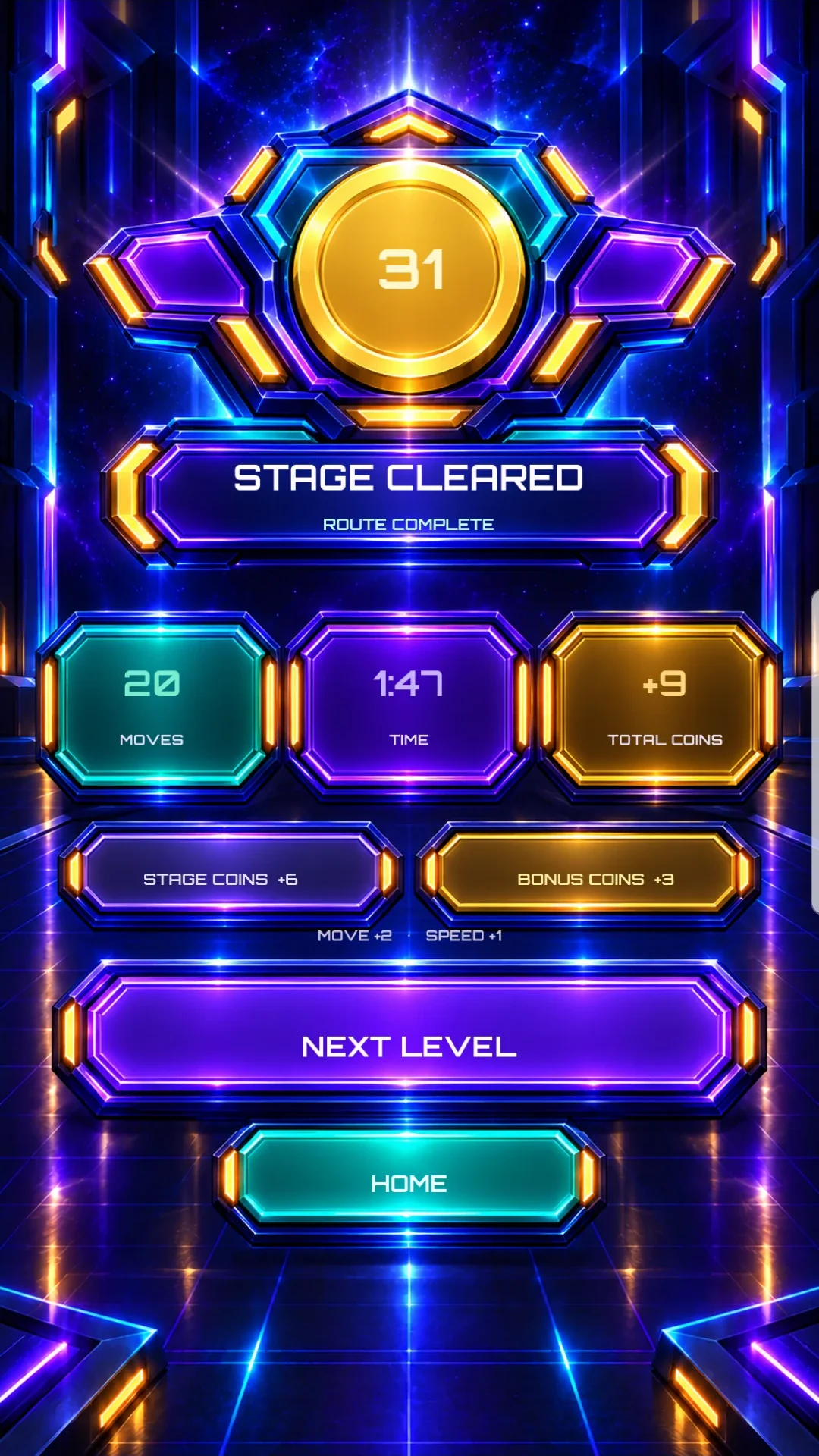 Neon Pathshift stage-cleared reward screen showing moves, time and coins